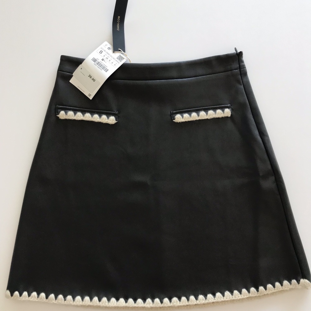 Zara Black Faux Leather Felt Hem Flare Skirt NWT